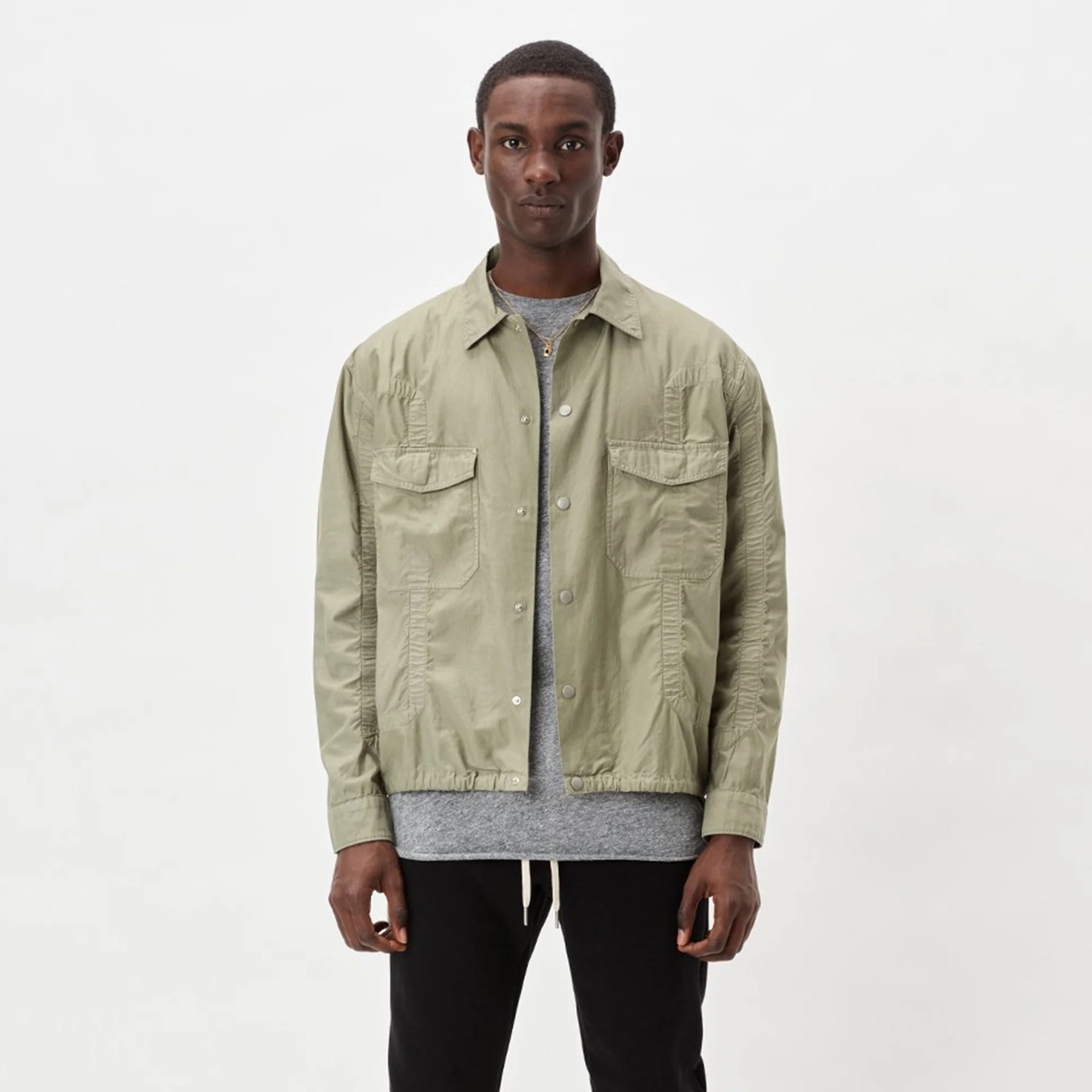John Elliott Mens Cotton Poplin Frame Snap Overshirt 'Olive' - Image 2