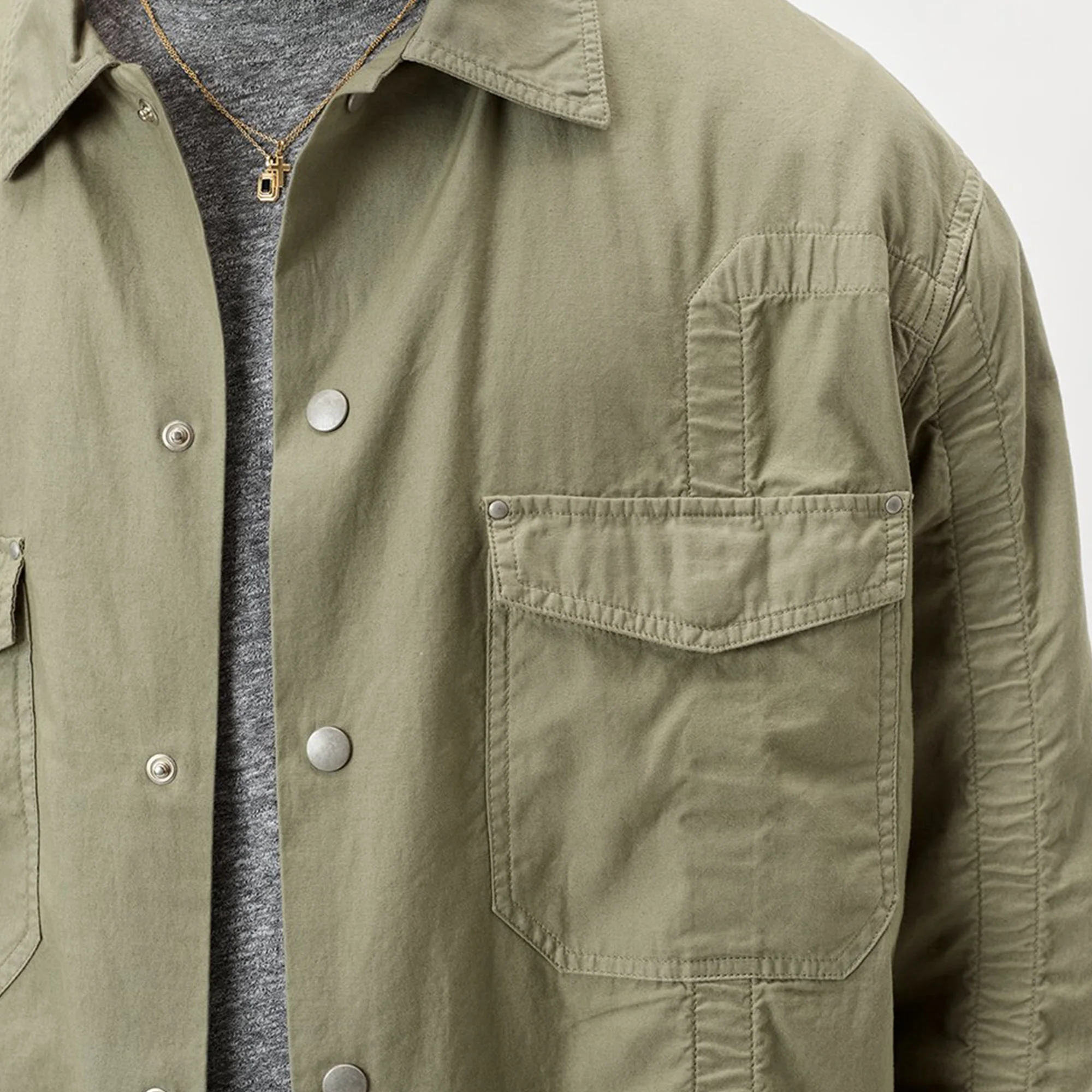 John Elliott Mens Cotton Poplin Frame Snap Overshirt 'Olive' - Image 4