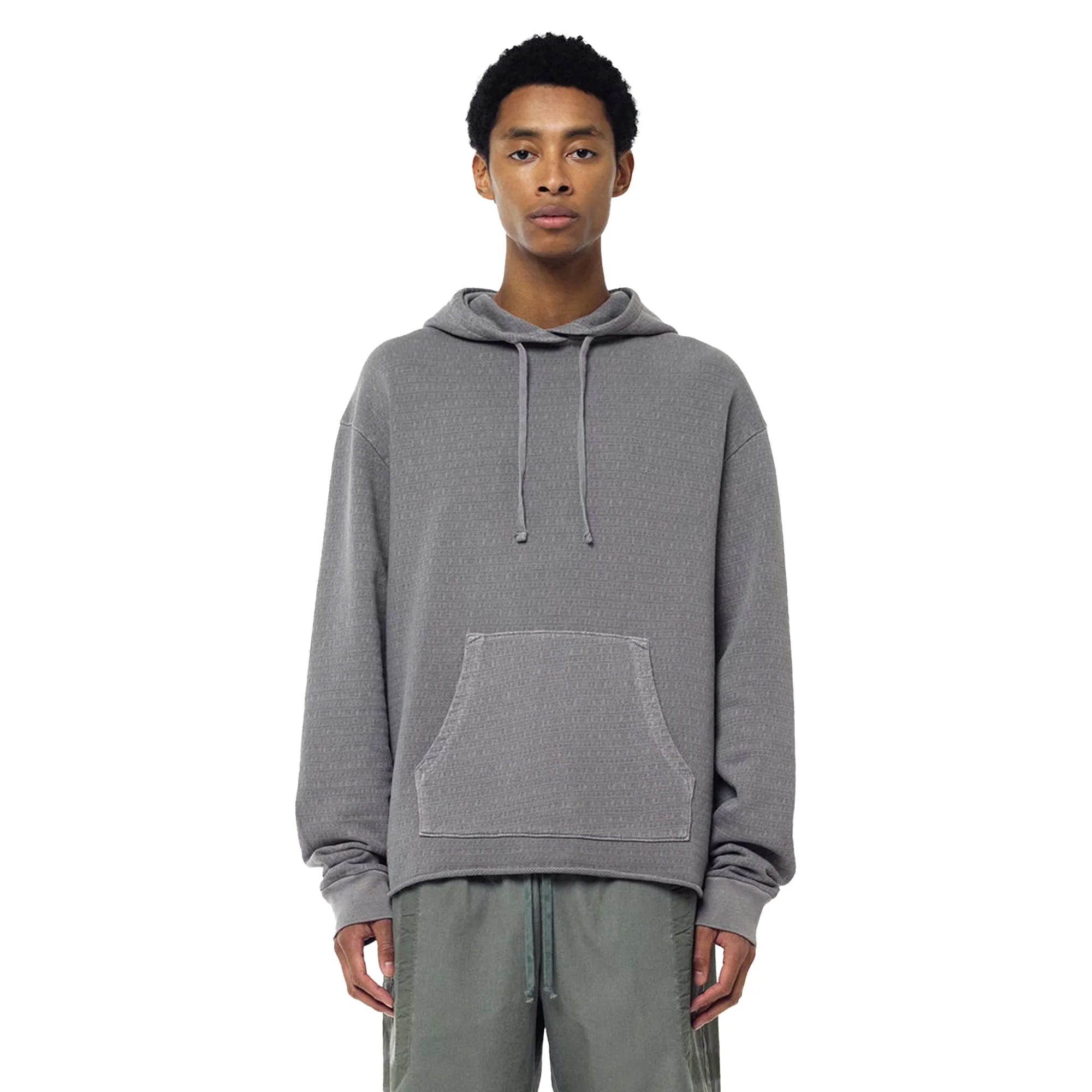 John Elliott Mens Raw Edge Jacquard Terry Hoodie 'Washed Charcoal' - Image 2