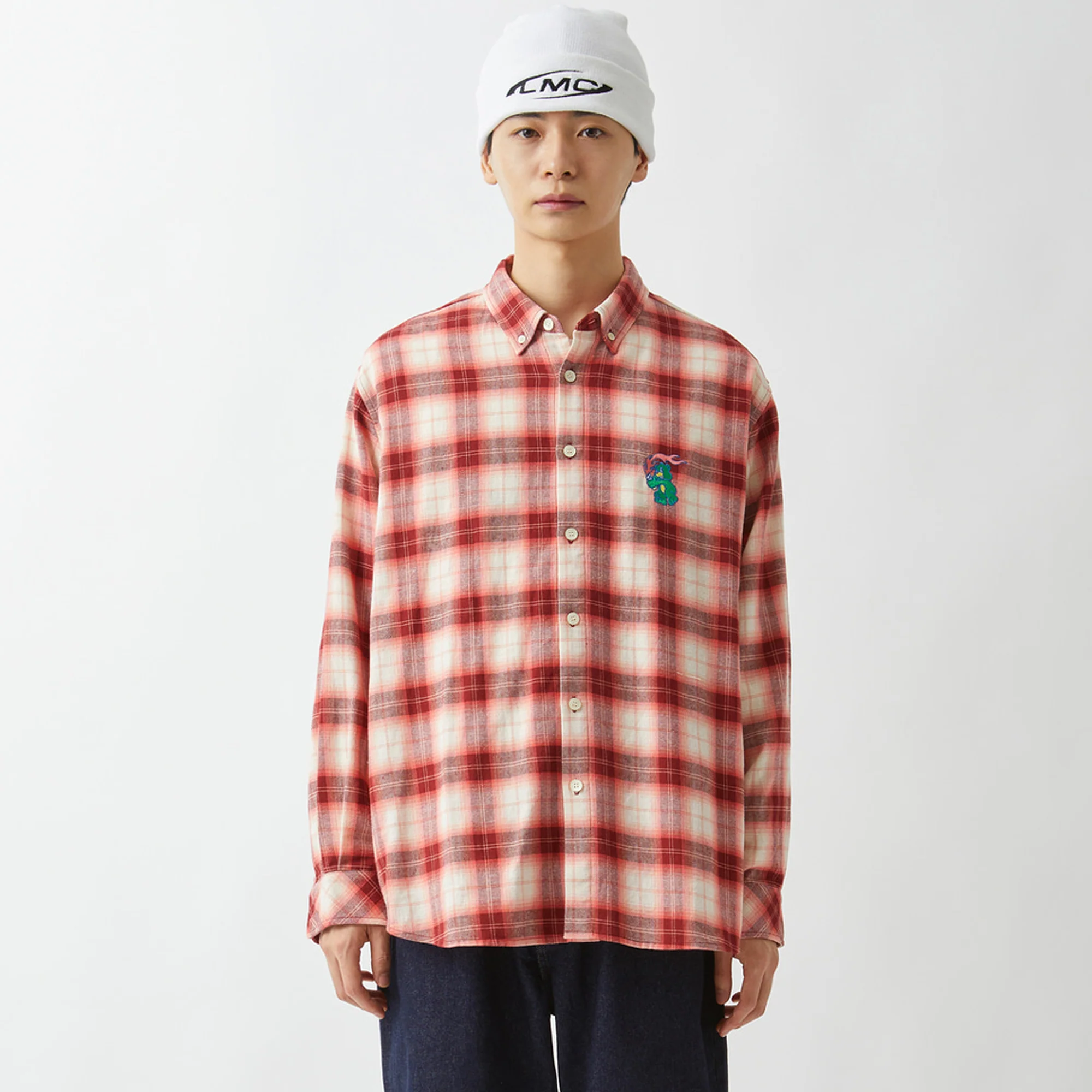 LMC Mens Flame Bear Ombre Plaid Shirt 'Red' - Image 5