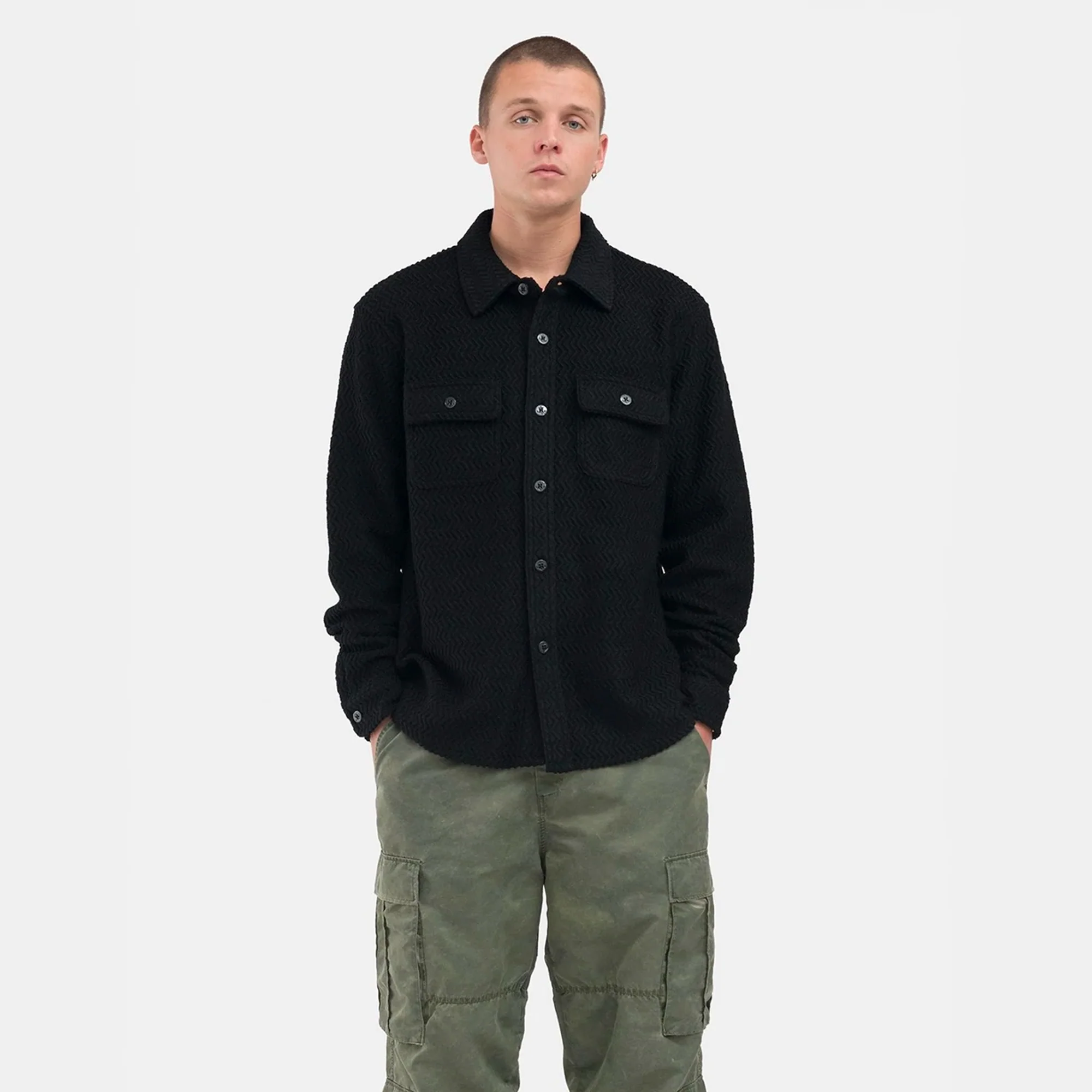 Stussy Mens Textured Wool CPO LS Shirt 'Black' - Image 3